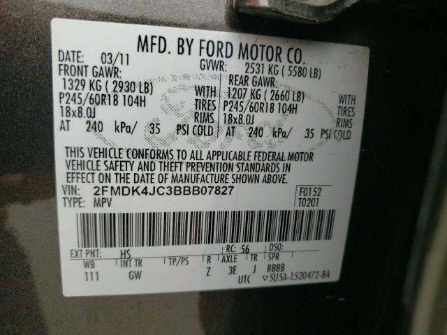 Photo 10 from auction – 2011 FORD EDGE SEL with VIN 2FMDK4JC3BBB07827