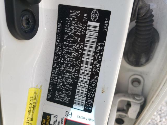Photo 10 from auction – 2012 TOYOTA CAMRY BASE with VIN 4T1BF1FK7CU115354