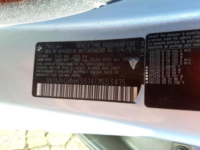 Photo 10 from auction – 2004 BMW 745 LI with VIN WBAGN63514DS53415