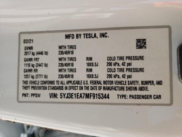 Photo 10 from auction – 2021 TESLA MODEL 3 with VIN 5YJ3E1EA7MF915344