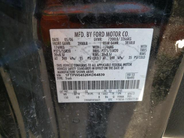 Photo 10 from auction – 2006 FORD F150 with VIN 1FTPW04526KD64839
