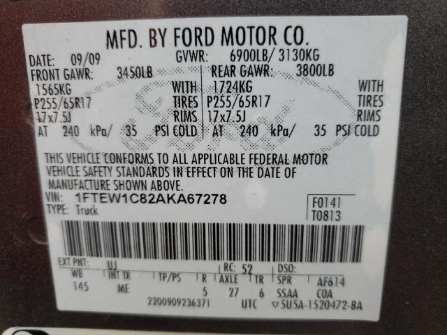 Photo 10 from auction – 2010 FORD F150 SUPER with VIN 1FTEW1C82AKA67278