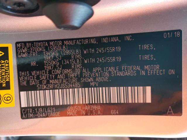 Photo 10 from auction – 2018 TOYOTA HIGHLANDER with VIN 5TDKZRFH2JS534485
