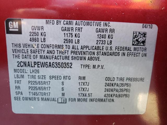 Photo 10 from auction – 2010 CHEVROLET EQUINOX LT with VIN 2CNALPEW6A6350352