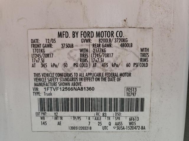 Photo 10 from auction – 2006 FORD F150 with VIN 1FTVF12566NA81360