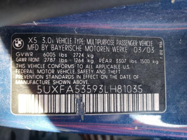Photo 10 from auction – 2003 BMW X5 3.0I with VIN 5UXFA53593LH81035