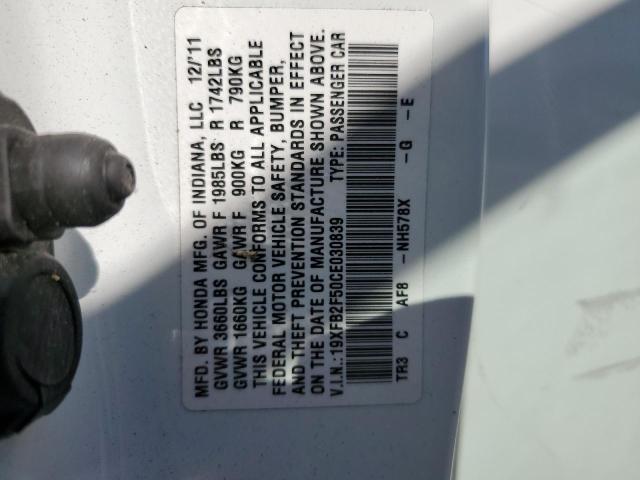 Photo 10 from auction – 2012 HONDA CIVIC LX with VIN 19XFB2F50CE030839