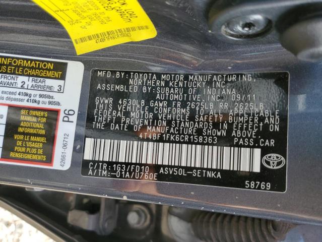Photo 10 from auction – 2012 TOYOTA CAMRY BASE with VIN 4T4BF1FK6CR158363