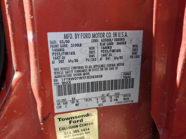 Photo 10 from auction – 2001 FORD F150 SUPER with VIN 1FTRW07W51KD83858