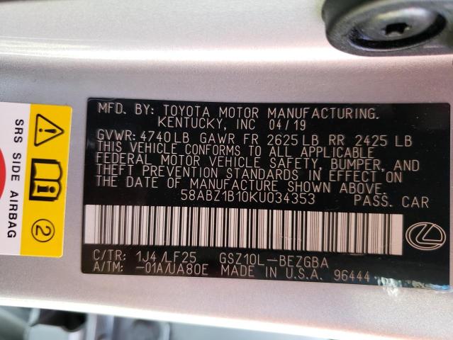 Photo 10 from auction – 2019 LEXUS ES 350 with VIN 58ABZ1B10KU034353