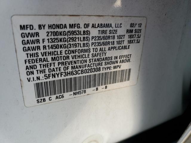 Photo 10 from auction – 2012 HONDA PILOT EXL with VIN 5FNYF3H63CB020308