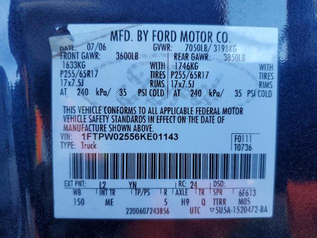 Photo 10 from auction – 2006 FORD F150 with VIN 1FTPW02556KE01143