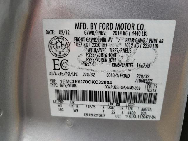 Foto 10 de la subasta – 2012 FORD ESCAPE XLT con VIN 1FMCU0D70CKC32904