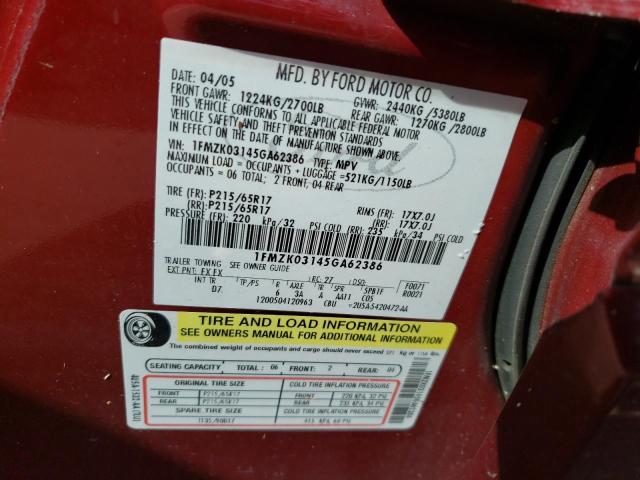 Photo 10 from auction – 2005 FORD FREESTYLE with VIN 1FMZK03145GA62386