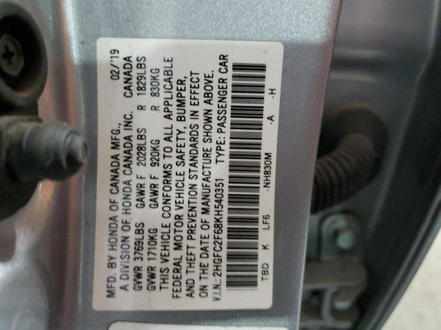 Photo 10 from auction – 2019 HONDA CIVIC LX with VIN 2HGFC2F68KH540351