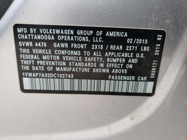Photo 10 from auction – 2013 VOLKSWAGEN PASSAT S with VIN 1VWAP7A32DC102743