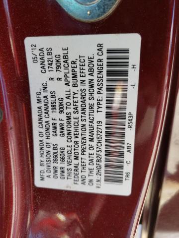 Photo 10 from auction – 2012 HONDA CIVIC LX with VIN 2HGFB2F57CH572719
