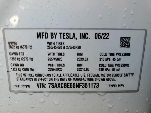 Photo 10 from auction – 2022 TESLA MODEL X with VIN 7SAXCBE65NF351173