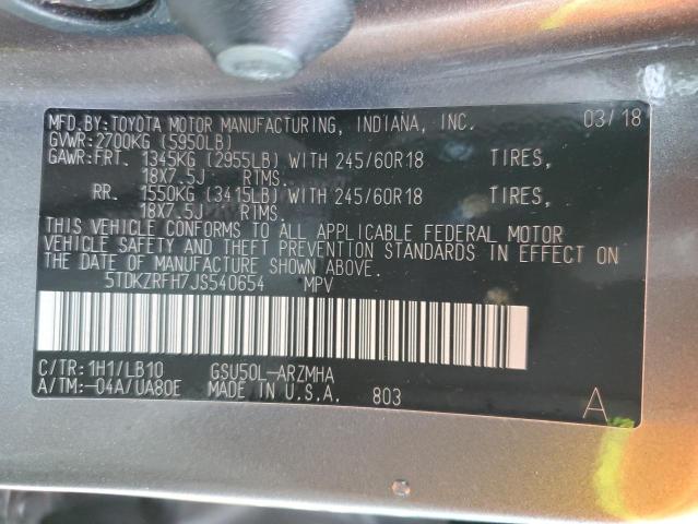 Photo 10 from auction – 2018 TOYOTA HIGHLANDER with VIN 5TDKZRFH7JS540654