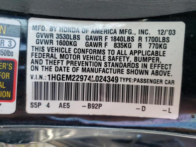 Photo 10 from auction – 2004 HONDA CIVIC EX with VIN 1HGEM22974L024349