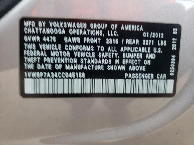 Photo 10 from auction – 2012 VOLKSWAGEN PASSAT SE with VIN 1VWBP7A34CC045156
