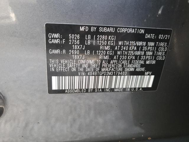 Photo 10 from auction – 2021 SUBARU OUTBACK TO with VIN 4S4BTGPD2M3179403