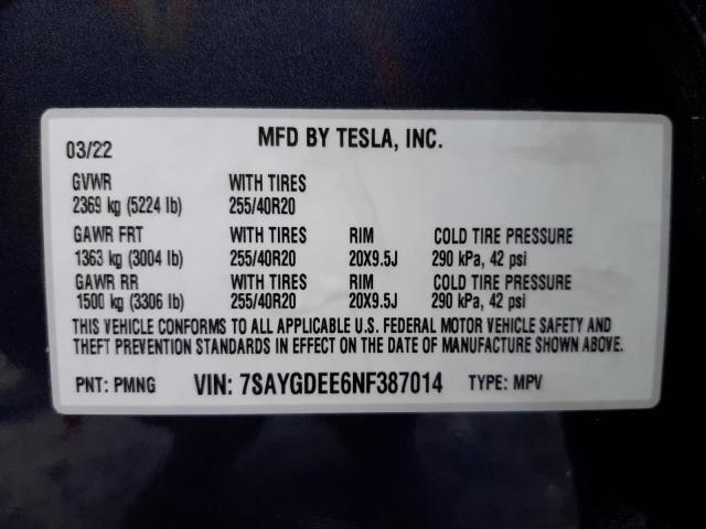 Photo 10 from auction – 2022 TESLA MODEL Y with VIN 7SAYGDEE6NF387014
