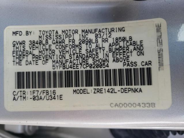 Photo 10 from auction – 2012 TOYOTA COROLLA BA with VIN 5YFBU4EE7CP020054