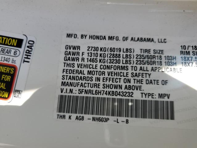 Photo 10 from auction – 2019 HONDA ODYSSEY EX with VIN 5FNRL6H74KB043232