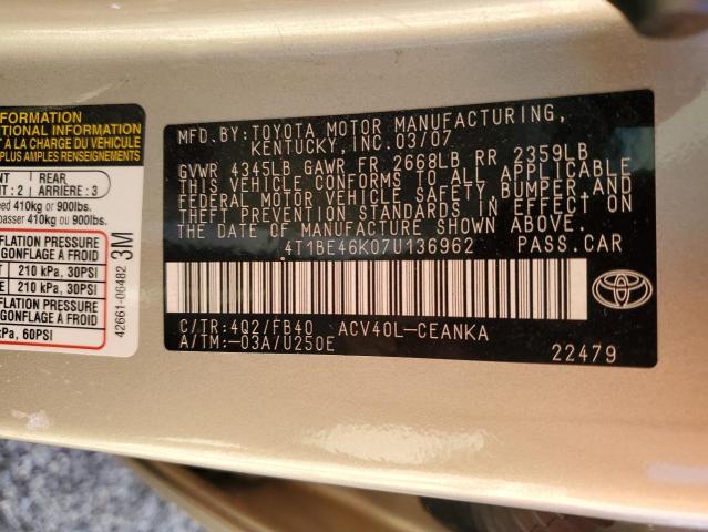 Photo 10 from auction – 2007 TOYOTA CAMRY CE with VIN 4T1BE46K07U136962