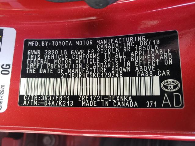 Photo 10 from auction – 2019 TOYOTA COROLLA L with VIN 2T1BURHE5KC129748