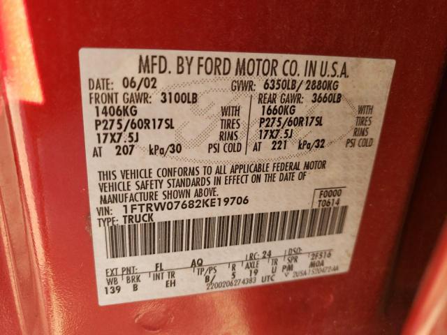 Photo 10 from auction – 2002 FORD F150 SUPER with VIN 1FTRW07682KE19706
