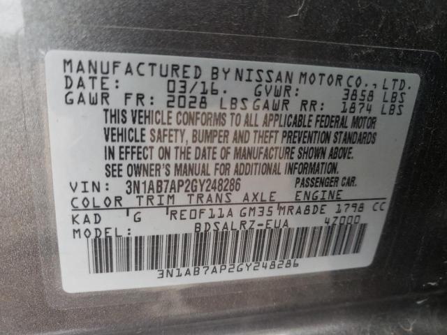 Photo 10 from auction – 2016 NISSAN SENTRA S with VIN 3N1AB7AP2GY248286