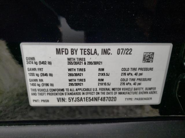 Photo 10 from auction – 2022 TESLA MODEL S with VIN 5YJSA1E54NF487020