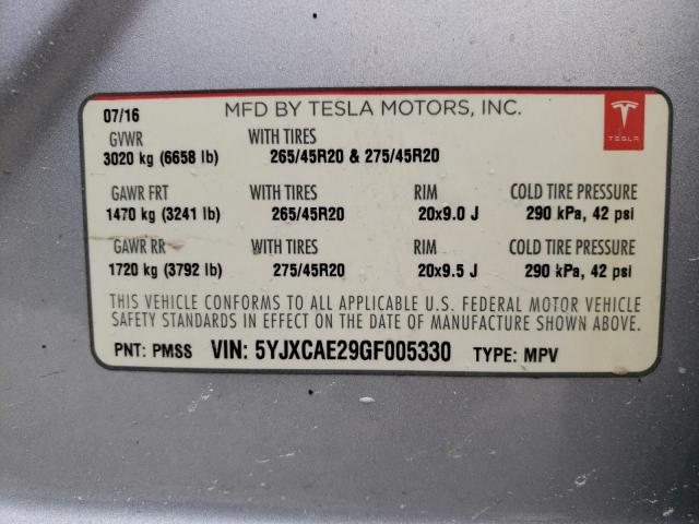 Photo 10 from auction – 2016 TESLA MODEL X with VIN 5YJXCAE29GF005330