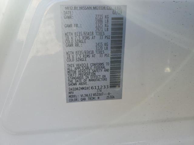 Photo 10 from auction – 2019 NISSAN PATHFINDER with VIN 5N1DR2MM1KC611233