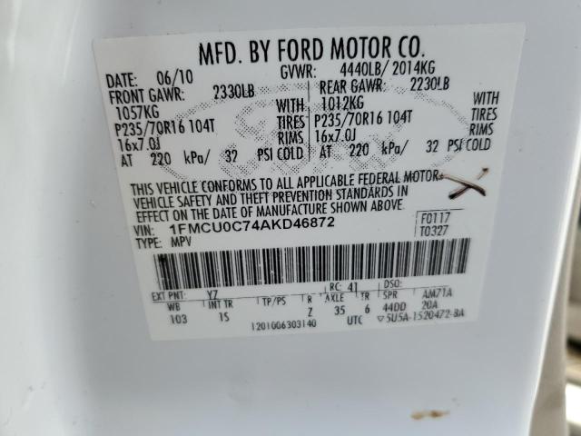 Photo 10 from auction – 2010 FORD ESCAPE XLS with VIN 1FMCU0C74AKD46872