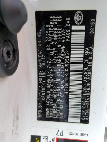 Photo 10 from auction – 2012 TOYOTA CAMRY BASE with VIN 4T1BF1FK0CU595852