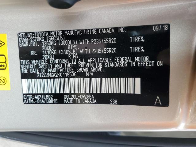 Photo 10 from auction – 2019 LEXUS RX 350 BAS with VIN 2T2ZZMCA2KC119536