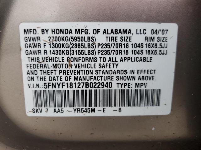 Photo 10 from auction – 2007 HONDA PILOT LX with VIN 5FNYF18127B022940