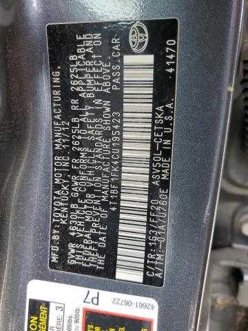 Photo 10 from auction – 2012 TOYOTA CAMRY BASE with VIN 4T1BF1FK4CU195423