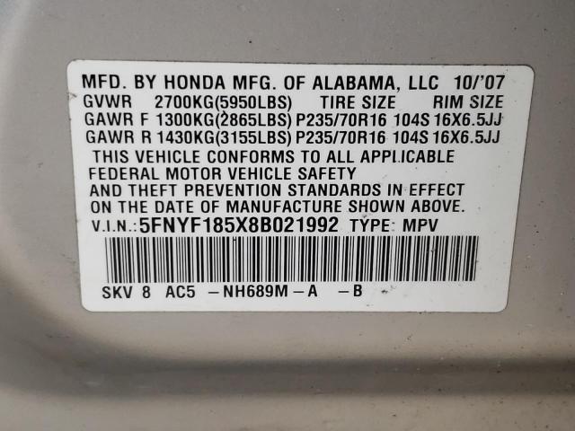 Photo 10 from auction – 2008 HONDA PILOT EXL with VIN 5FNYF185X8B021992