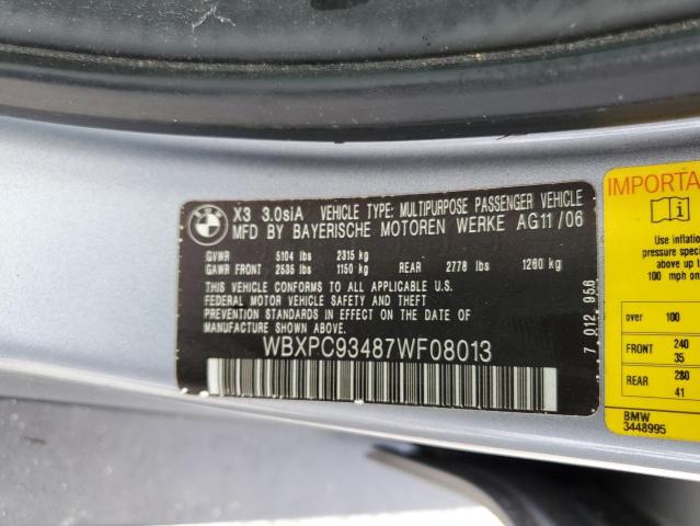 Photo 10 from auction – 2007 BMW X3 3.0SI with VIN WBXPC93487WF08013