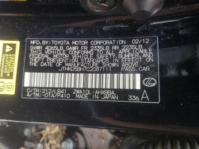 Photo 10 from auction – 2012 LEXUS CT 200 with VIN JTHKD5BH7C2087111