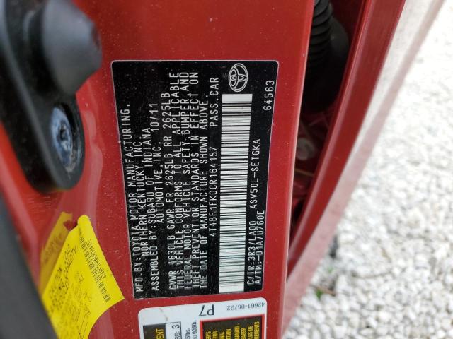 Photo 10 from auction – 2012 TOYOTA CAMRY BASE with VIN 4T4BF1FK0CR164157