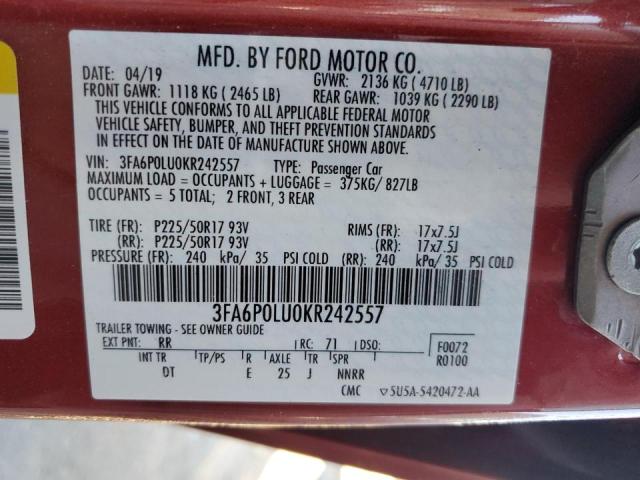 Foto 10 de la subasta – 2019 FORD FUSION SE con VIN 3FA6P0LU0KR242557