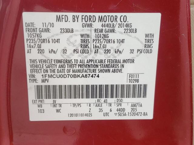 Photo 10 from auction – 2011 FORD ESCAPE XLT with VIN 1FMCU0D70BKA87474