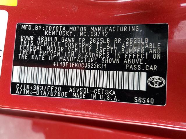 Photo 10 from auction – 2012 TOYOTA CAMRY BASE with VIN 4T1BF1FK0CU622631