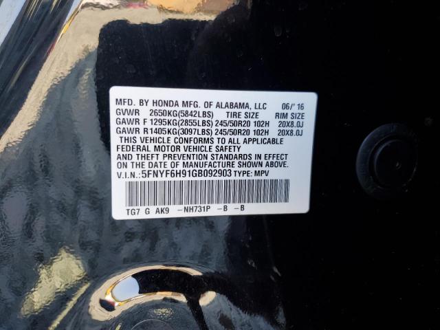 Photo 10 from auction – 2016 HONDA PILOT TOUR with VIN 5FNYF6H91GB092903