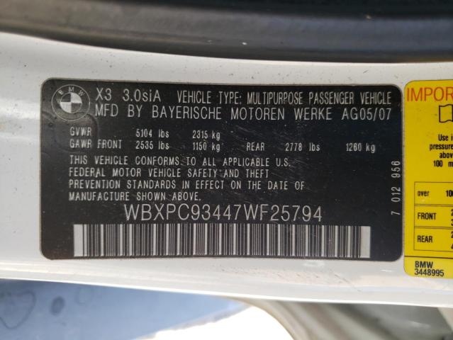 Photo 10 from auction – 2007 BMW X3 3.0SI with VIN WBXPC93447WF25794